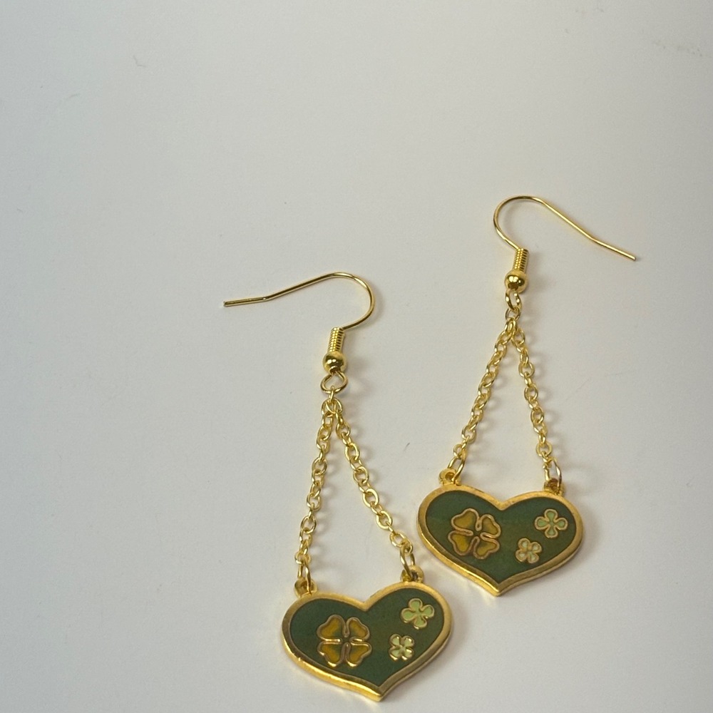 Vintage Enamel Heart Earrings Green Gold Dangle Clover Boho Whimsygoth Statement